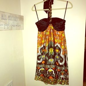 Single-orange/black multicolor satin halter dress